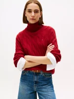 Wool Cable Knit Turtleneck Sweater- Regatta Red