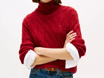 Wool Cable Knit Turtleneck Sweater- Regatta Red