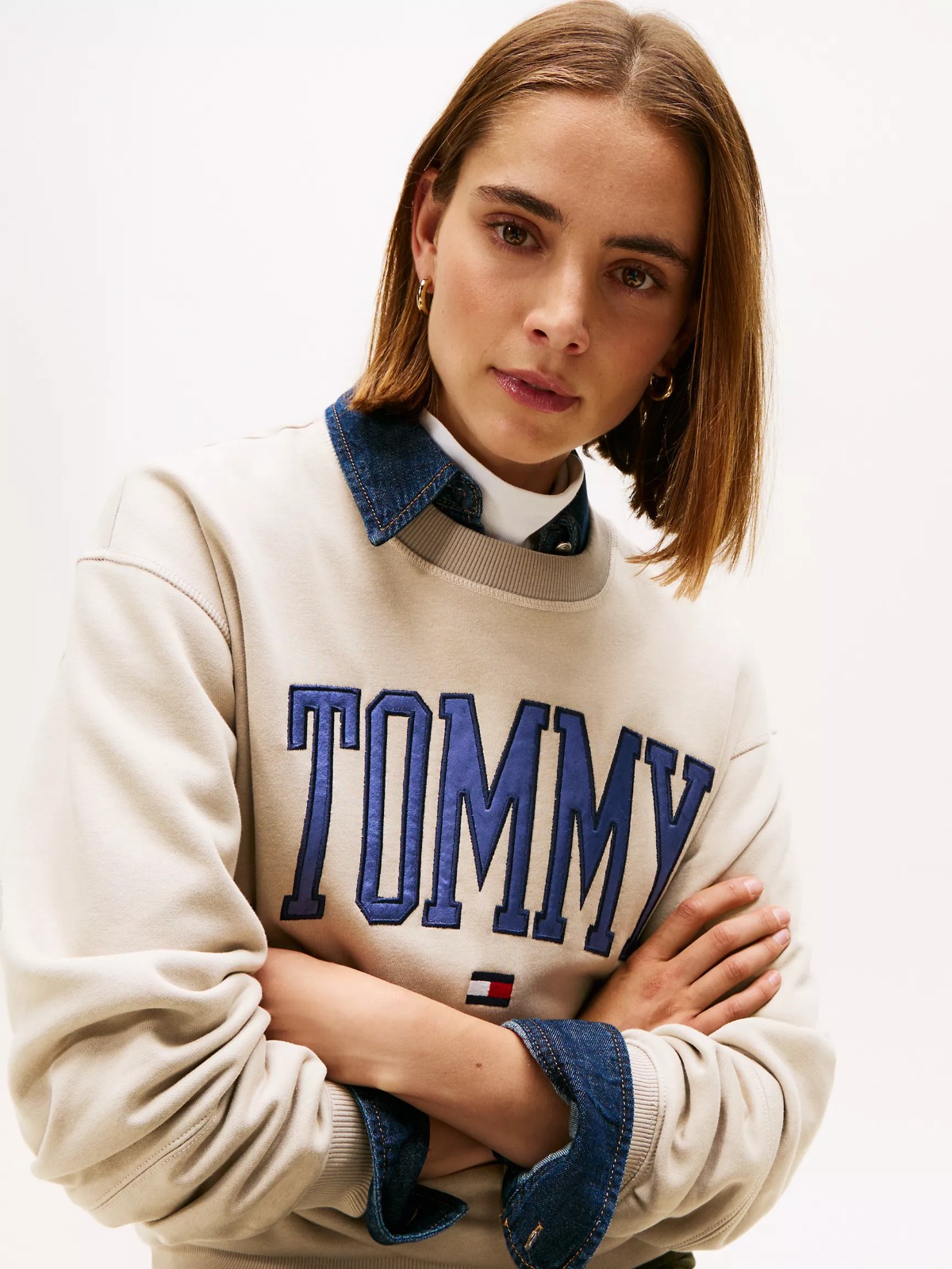 WhatsApp Image 2025-10-06 at 2.54.44 PM Varsity Tommy Logo Crewneck Sweatshirt-Stone - Image 3