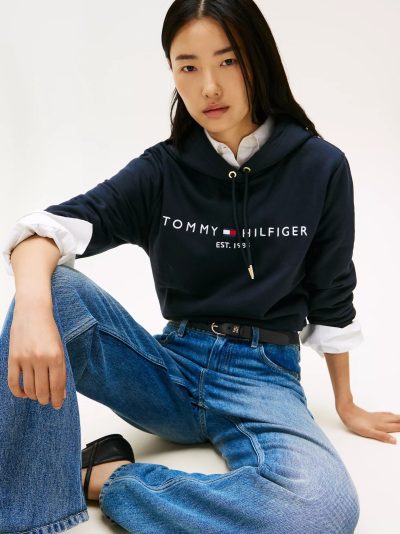 Embroidered Tommy Logo Hoodie-Navy - Image 3