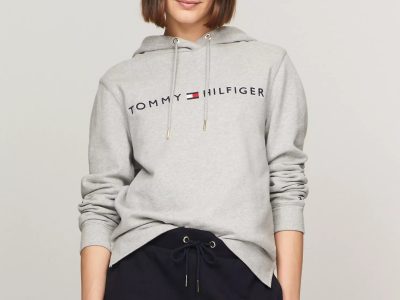 Embroidered Tommy Logo Hoodie-Grey Heather