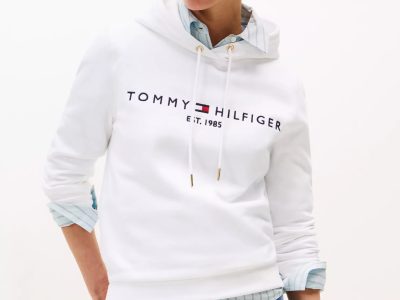 Embroidered Tommy Logo Hoodie-Optic White