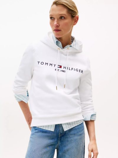 Embroidered Tommy Logo Hoodie-Optic White - Image 1