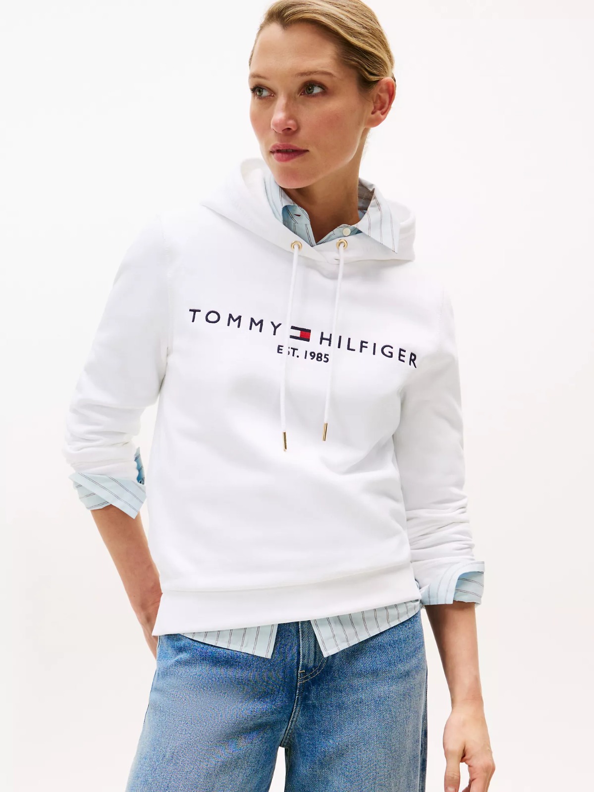 WhatsApp Image 2025-10-06 at 4.00.43 PM Embroidered Tommy Logo Hoodie-Optic White - Image 1