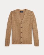Cable-Knit Cotton V-Neck Cardigan Kids Boy-Camel Heather