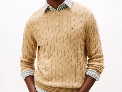 Men Cable Knit Crewneck Sweater- Beige #XM05667