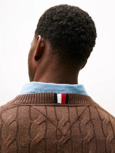 Men Cable Knit Crewneck Sweater- Brown Heather #XM05667 - Image 4