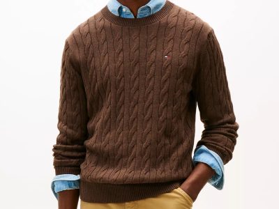 Men Cable Knit Crewneck Sweater- Brown Heather #XM05667