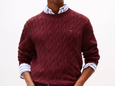 Men Cable Knit Crewneck Sweater- Deep Rouge #XM05667