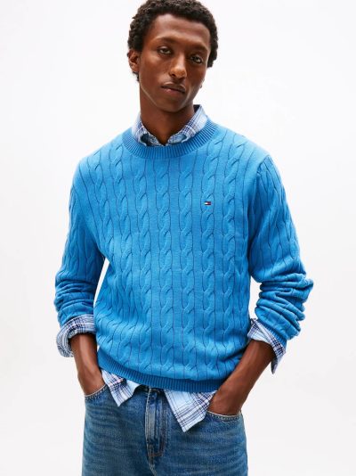 Men Cable Knit Crewneck Sweater- Dusty Indigo #XM05667 - Image 1