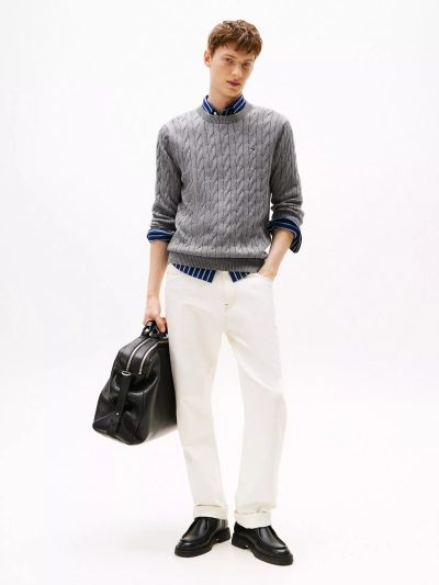 Men Cable Knit Crewneck Sweater - Grey Heather #XM05667 - Image 3