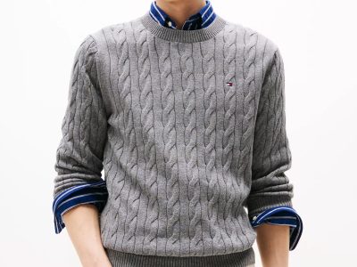 Men Cable Knit Crewneck Sweater - Grey Heather #XM05667