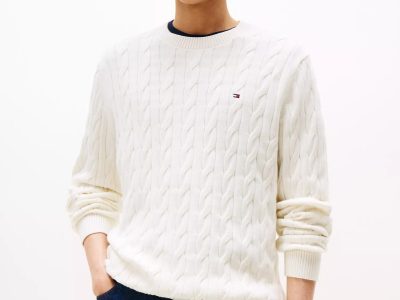 Men Cable Knit Crewneck Sweater- Ivory#XM05667