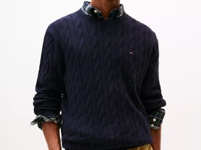 Men Cable Knit Crewneck Sweater- Navy#XM05667