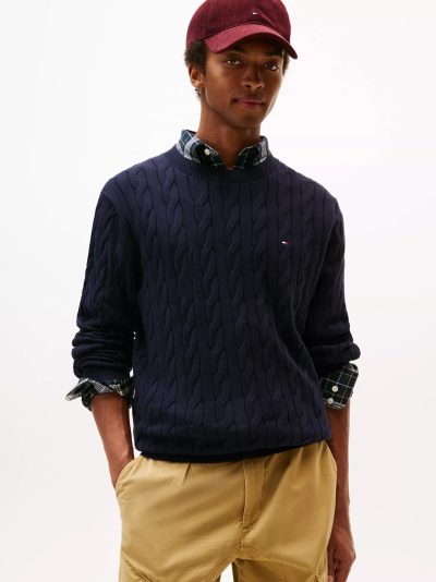 Men Cable Knit Crewneck Sweater- Navy#XM05667 - Image 1