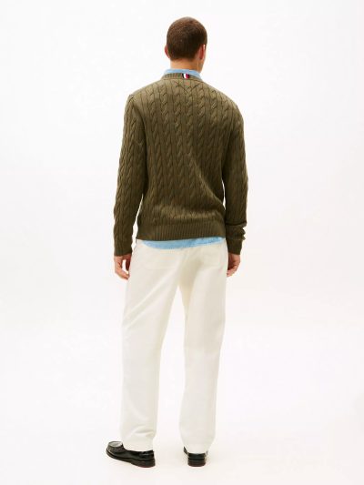 Men Cable Knit Crewneck Sweater- Army Green#XM05667 - Image 3