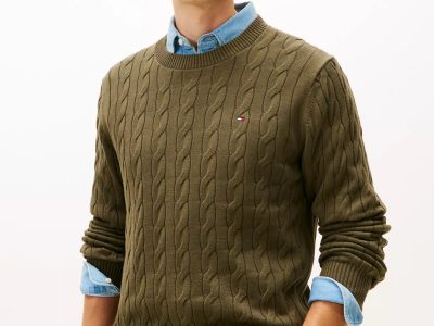 Men Cable Knit Crewneck Sweater- Army Green#XM05667