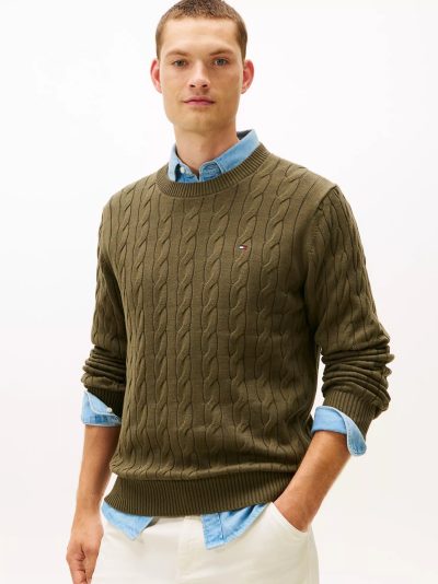 Men Cable Knit Crewneck Sweater- Army Green#XM05667 - Image 1