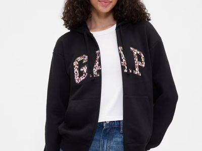 Relaxed Gap Logo Zip Hoodie- Minifloral True Black