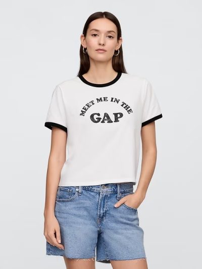 Shrunken Ringer Graphic T-Shirt- White - Image 1