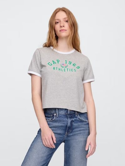 Shrunken Ringer Graphic T-Shirt- Grey - Image 1