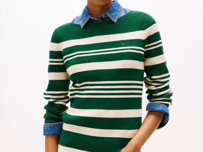 Stripe Boatneck Rib-Knit Sweater- Dark Beige