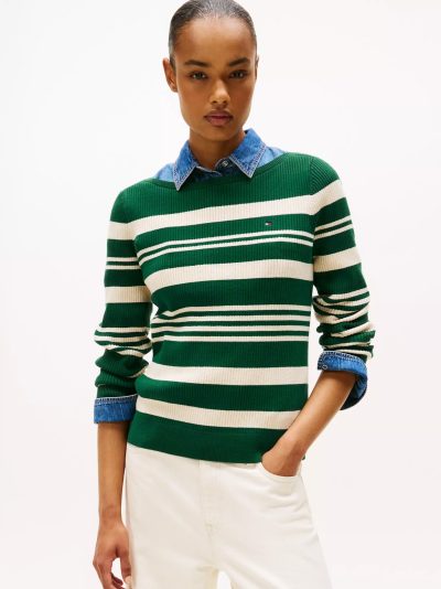 Stripe Boatneck Rib-Knit Sweater- Dark Beige - Image 1