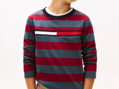 Kids' Long-Sleeve Stripe Logo T-Shirt-Rouge