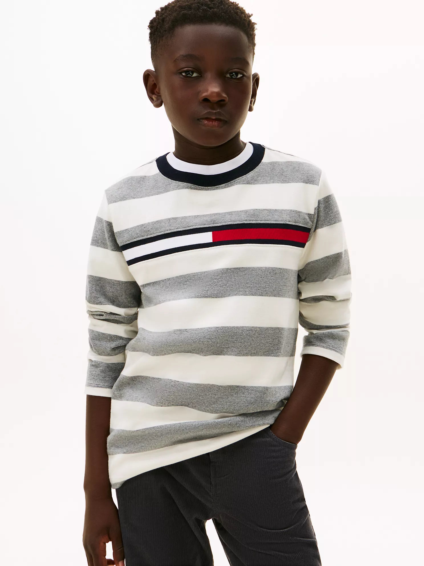 XB01599_YBI_main Kids' Long-Sleeve Stripe Logo T-Shirt-Ivory - Image 1