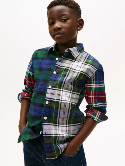 Kids' Holiday Mixed Plaid Stretch Shirt-Carbon Navy - Image 1