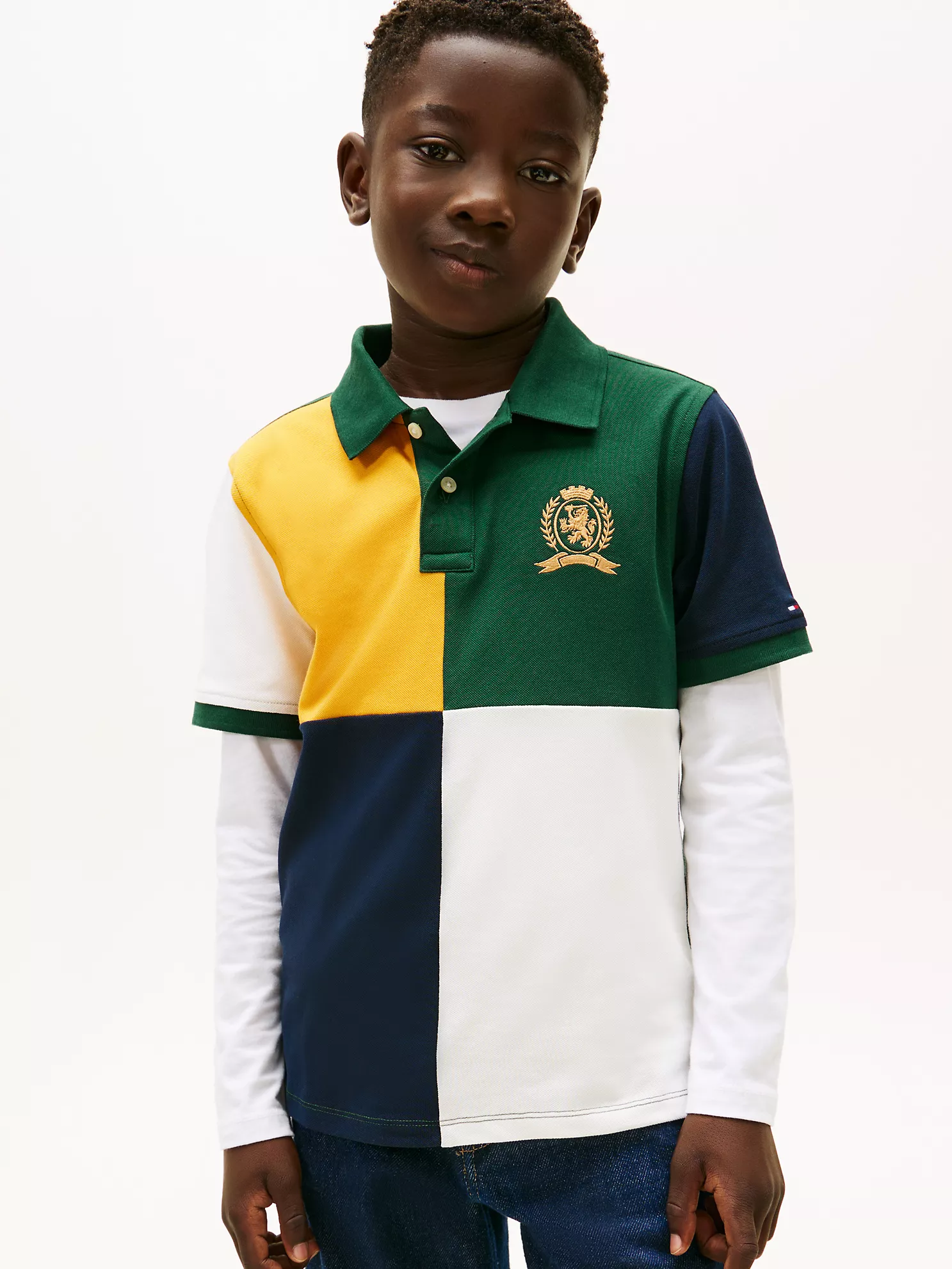 XB01792_L6K_main Kids' Colorblock Crest Logo Polo-Ornamental Green - Image 1