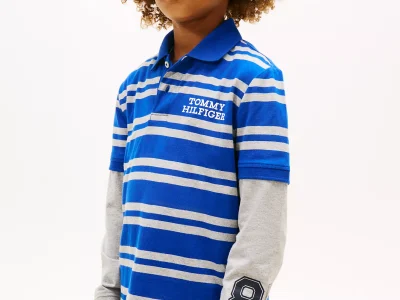 Kids' Logo Stripe Layered-Look Polo-Wedge Blue