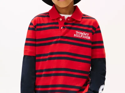 Kids' Logo Stripe Layered-Look Polo-Deep Crimson