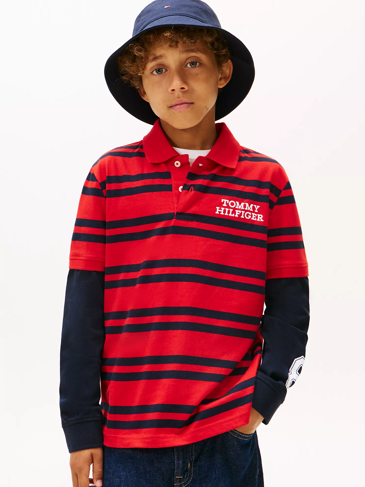 XB01793_XNL_main Kids' Logo Stripe Layered-Look Polo-Deep Crimson - Image 1