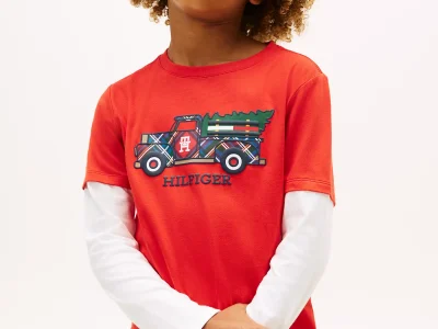 Kids' Holiday Truck Layered Look T-Shirt-Deep Crimson