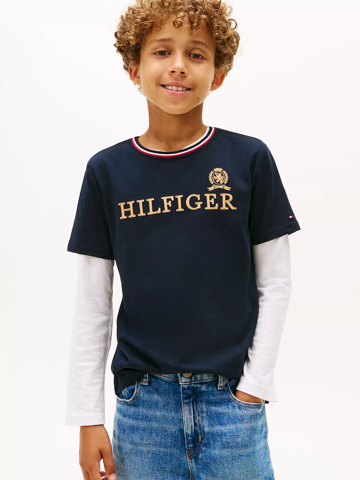 XB01848_DW5_main Kids' Hilfiger Crest Logo T-Shirt-Navy - Image 1