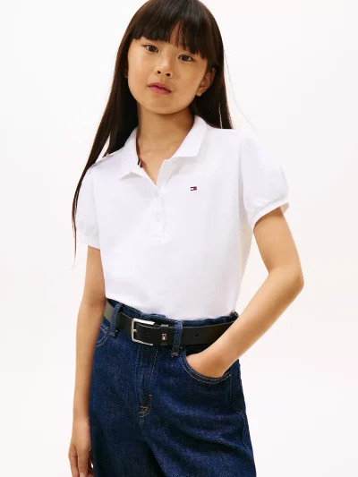 Kids' Puff-Sleeve Stretch Polo - Optic White #XG01281-YCF - Image 1