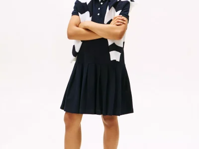 Kids' Pleated Stretch Polo Dress-Navy