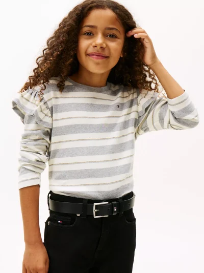 Kids' Stripe Ruffle Trim T-Shirt - Grey Heather #XG01550-P61 - Image 1