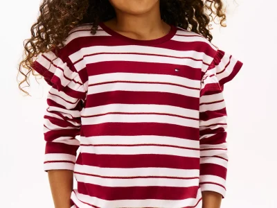 Kids' Stripe Ruffle Trim T-Shirt - Rouge #XG01550-XJS