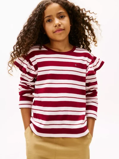 Kids' Stripe Ruffle Trim T-Shirt - Rouge #XG01550-XJS - Image 1