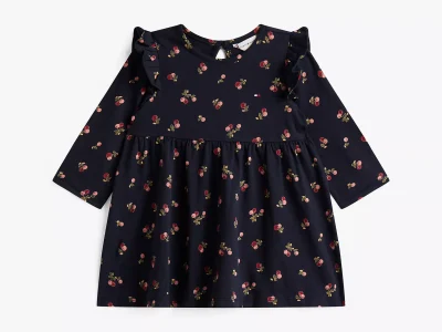 Babies' Floral Print Ruffle Dress-Navy Blue