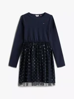 Kids' Long-Sleeve Tulle Ribbed Dress-Navy Blue - Image 2