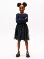 Kids' Long-Sleeve Tulle Ribbed Dress-Navy Blue