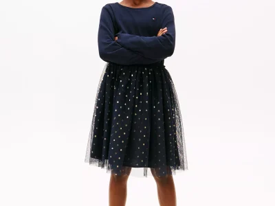 Kids' Long-Sleeve Tulle Ribbed Dress-Navy Blue