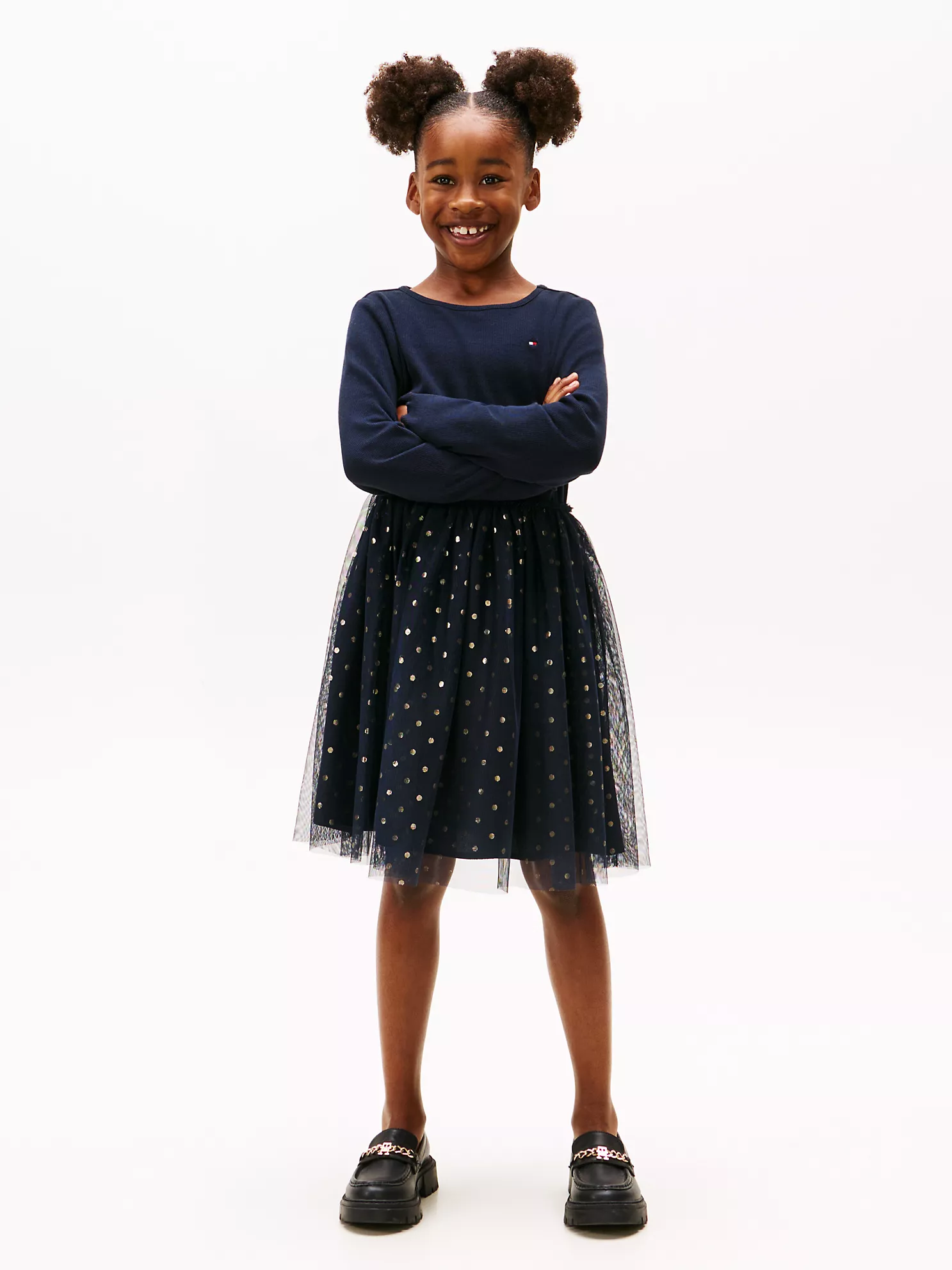 XG01692_DW5_main Kids' Long-Sleeve Tulle Ribbed Dress-Navy Blue - Image 1
