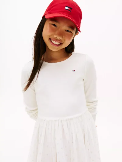 Kids' Long-Sleeve Tulle Ribbed Dress-Ecru - Image 3