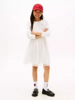 Kids' Long-Sleeve Tulle Ribbed Dress-Ecru