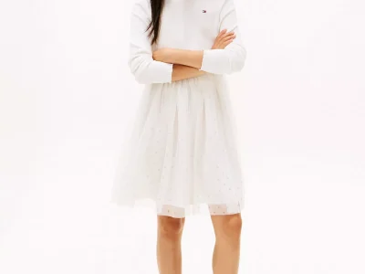 Kids' Long-Sleeve Tulle Ribbed Dress-Ecru
