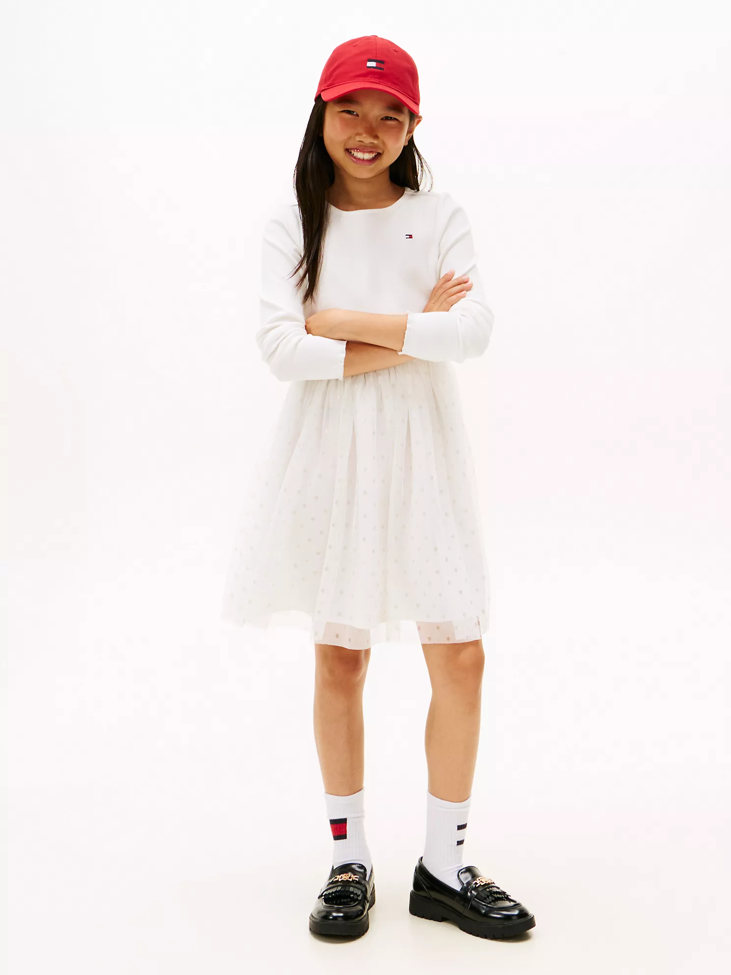 XG01692_YBL_main Kids' Long-Sleeve Tulle Ribbed Dress-Ecru - Image 1